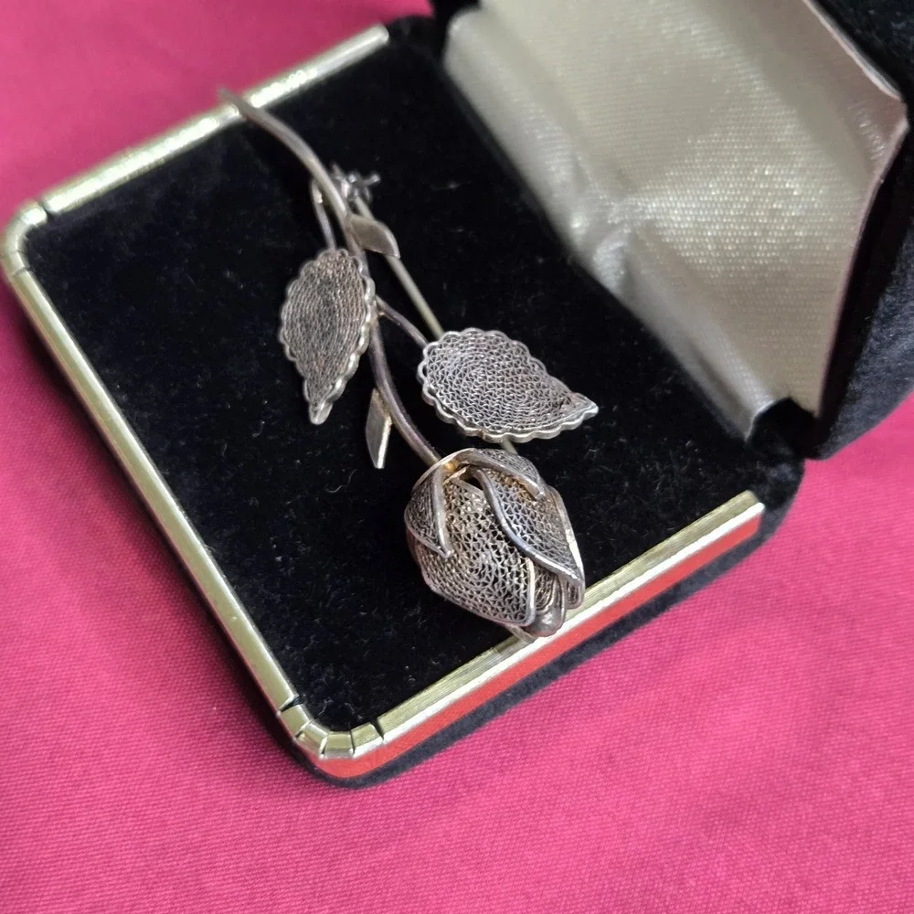 Vintage FAS 925 Sterling Silver Filigree Rose Brooch Pin 2.5